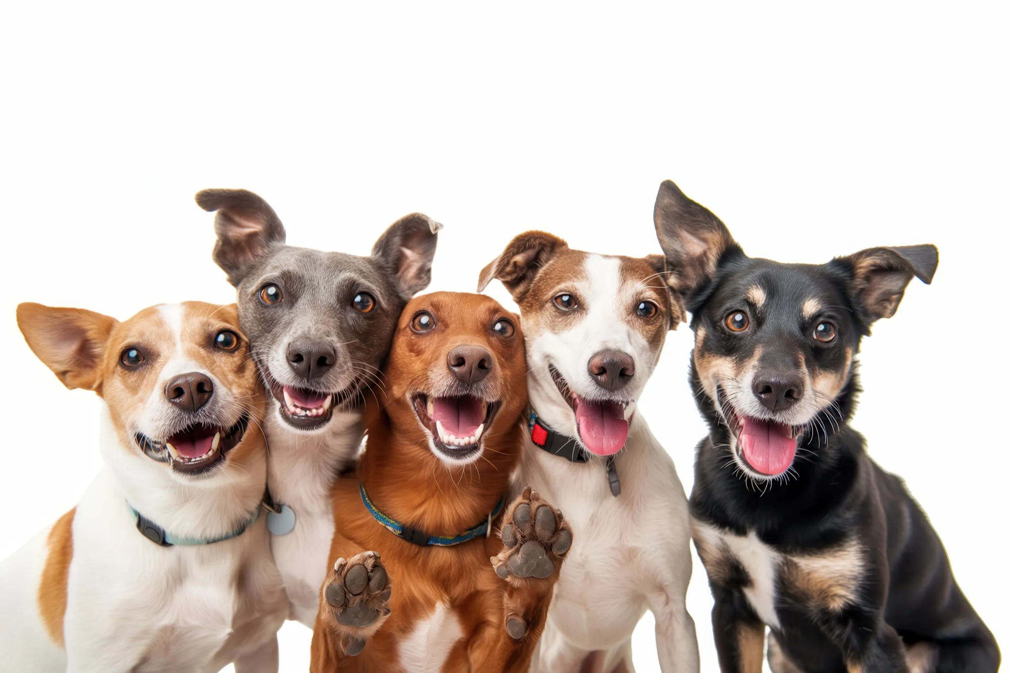 Cinco cães felizes juntos, sorrindo para a câmera